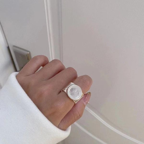 

european fashion wide opal ring women quality stainless steel round white cat's eye stone wedding rings, Slivery;golden