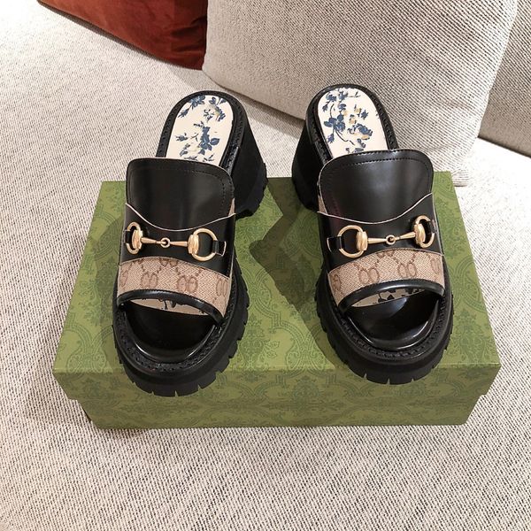 

2021 high-quality genuine leather summer slipper women's slippers with high heels outdoor lazy shoes beach sandals large size 35-39, Black