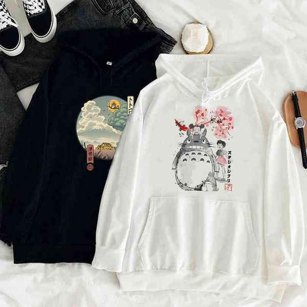 

miyazaki hayao hoodie japanese anime totoro hoodies women kawaii cartoon studio ghibli graphic streetwear sweatshirts female, Black
