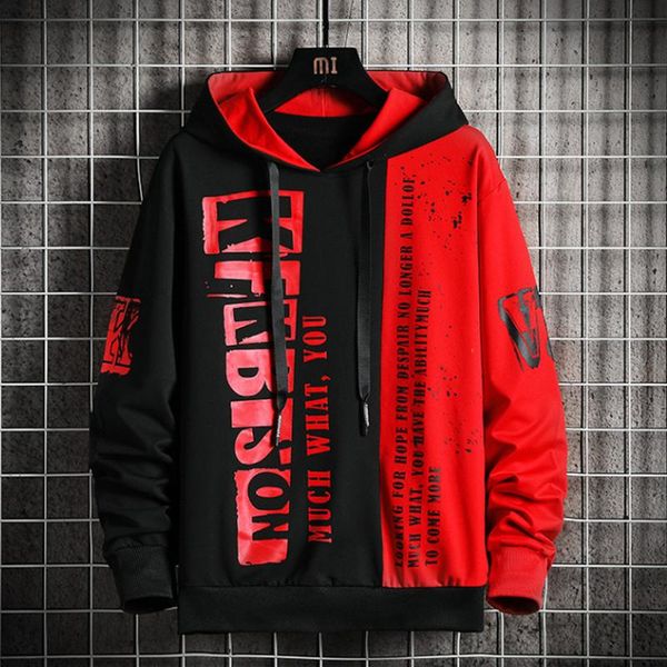 

streetwear men hoodie 2021 letter print hooded sweatshirts mens patchwork hip hop hoodies high street fashion men's &, Black