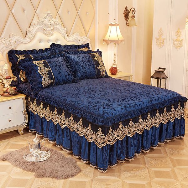

bed skirt royal blue princess ding set pillowcases velvet thick warm lace sheets 1/3pcs mattress cover king queen size opox