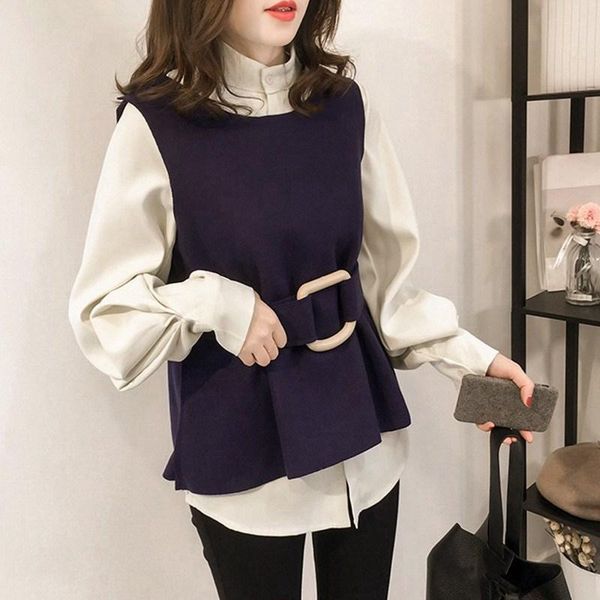 

women's two piece pants autumn women tow set korean sleeveless vest and lantern sleeve shirt casual suits loose plus size outfits, White