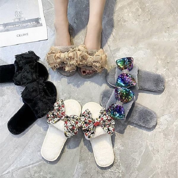 

slippers winter fashion women home faux fur warm shoes woman slip on flats bowtie female slides plus size wholesale, Black