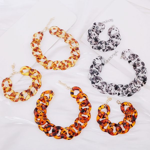 

acrylic leopard print necklaces bracelet bohemian metal texture monochrome splicing accessories clavicle chain fashion glossy resin short ne, Silver