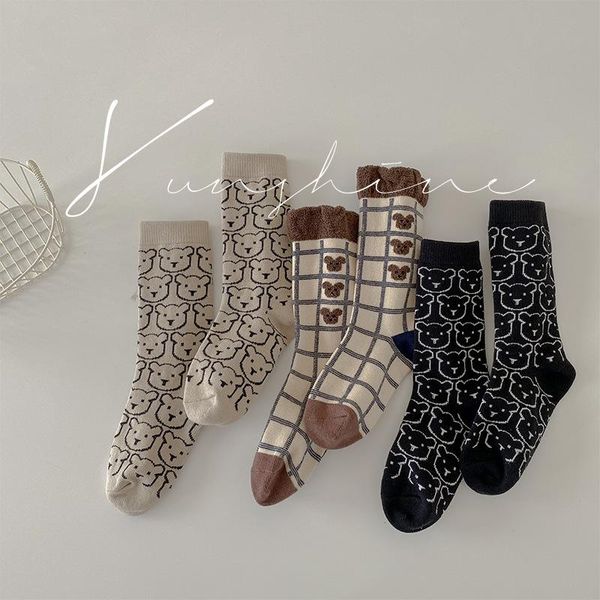 

socks children's cartoon bear bubble mouth lace retro check tube boys girls cotton clothes borns baby accessories, Pink;yellow