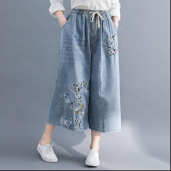 

womens jean summer 7 10 length flower embroidered denim capri pants wide leg cropped jeans for women  l 2xl, Blue