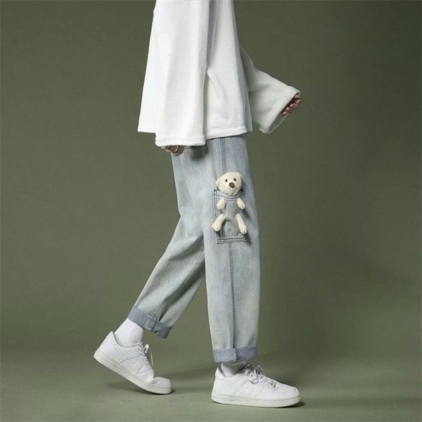 

men's jeans design korean straight loose light bear pants 83fr, Blue