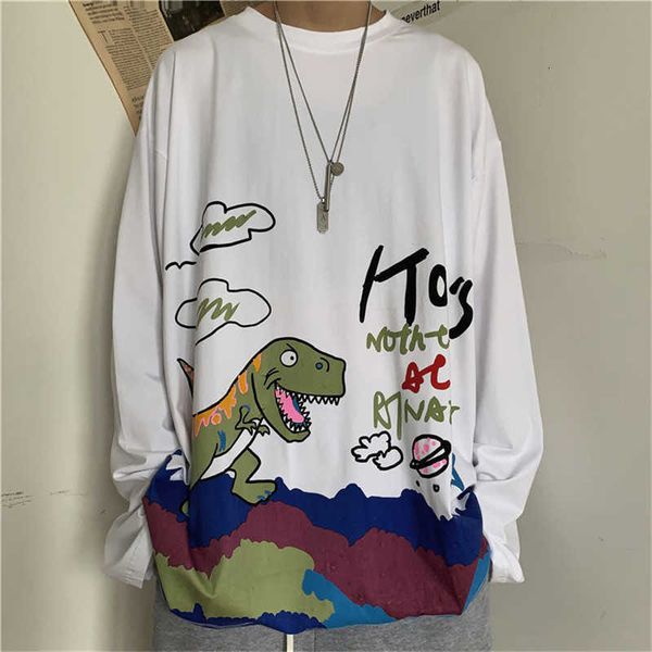 

men's t-shirts white long sleeved men dinosaur t-shirt student korean cartoon clothes trendy high street male ukkm, White;black