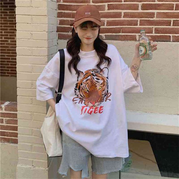 

women's t-shirt fashion brand tiger head short sleeve insbf cartoon letter printed round neck pullover loose medium length for women yl, White