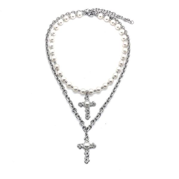 

pendant necklaces [ready stock] fashion accessories pearl inlaid cross titanium steel double hip hop man, Silver
