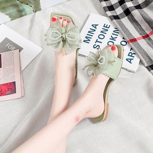 

slippers fashion summer slipper women shoes woman slides pearl string bead bow knot beach flat flip flops plus size, Black