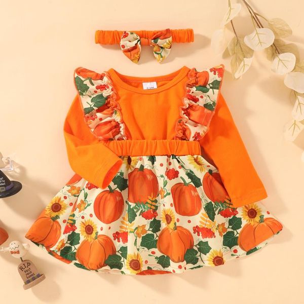 

girl's dresses 2021 baby girls halloween cartoon pumpkin cat dress toddler girls' floral print children's princess clothes dr, Red;yellow