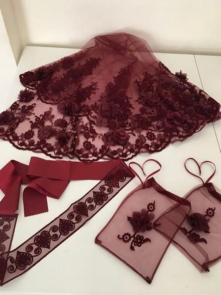 

bridal veils veil set 3d flower and glitter embroidered henna night wedding marriage accessory burgundy red color 2021 model, Black