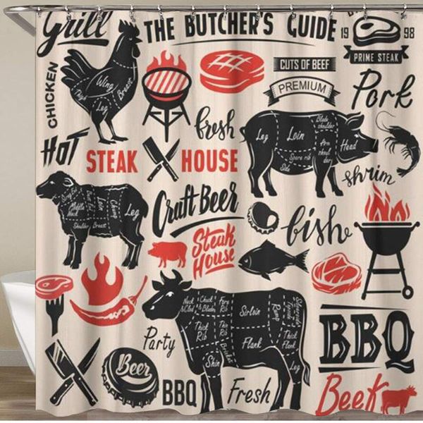 

shower curtain,black beef meat steak with scheme lettering cut pig bbq grill food pork,polyester fabric waterproof bath curtains