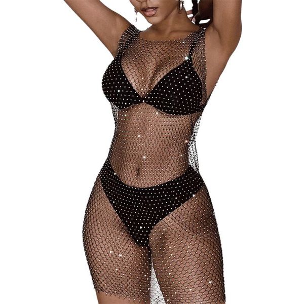 

women's swimwear fishnet hollow out rhinestone dress bikini cover ups 2021 women sleeveless black summer bathing suits, White;black