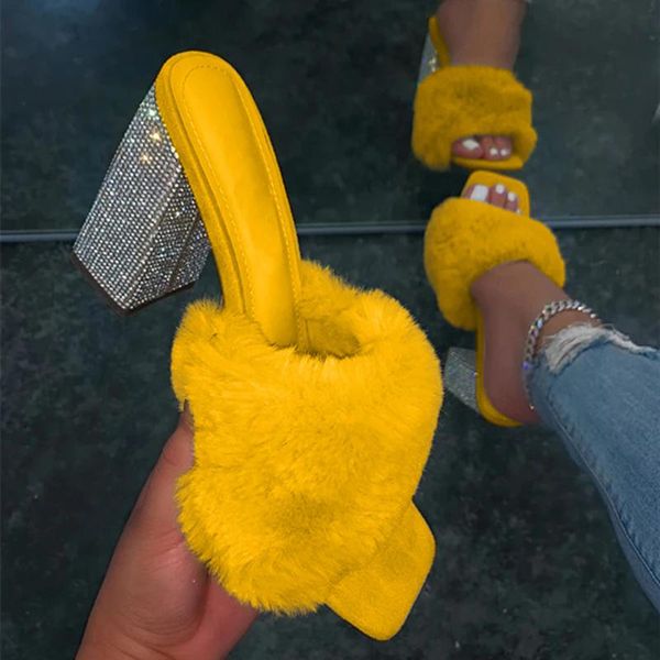 

women sandals rhinestone high heels slippers summer fur slides square heel ladies shoes flip flops chaussure femme, Black