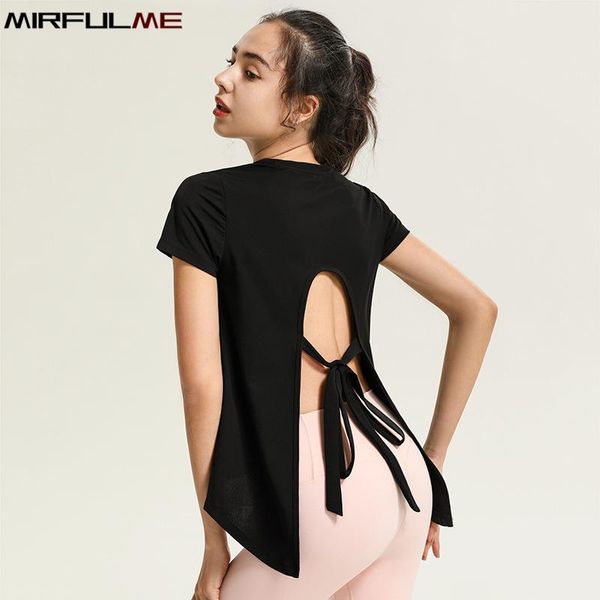 

summer loose yoga shirts women hollow out bandage short sleeve running t-shirts quick dry sports gym workout fitness outfit