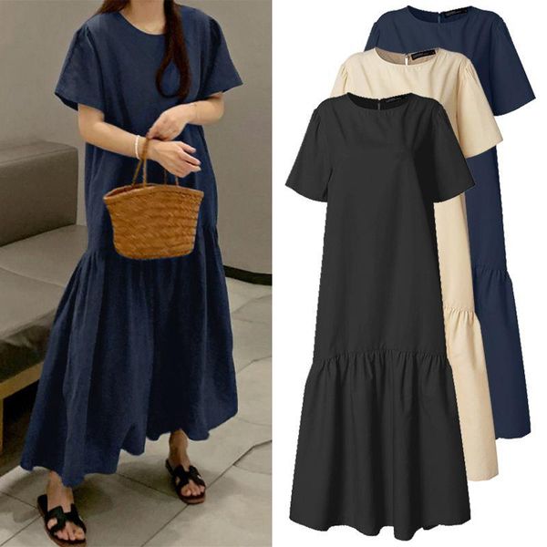 

party dresses 2022 fashion women casual robe femme summer solid color short sleeves dress female round neck maxi, White;black