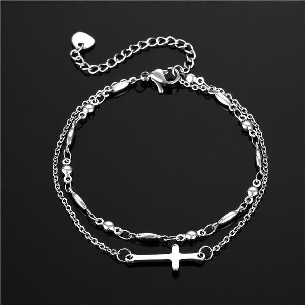 

charm bracelets boho thin style multilayer chain jesus christian stainless steel bracelet women silver color cross girls jewelry, Golden;silver