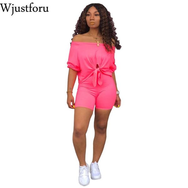 

wjustforu 2021 women summer two quarter length sleeve tie up hem off shoulder piece set shorts suit tracksuit outf women's tracksuits, Gray