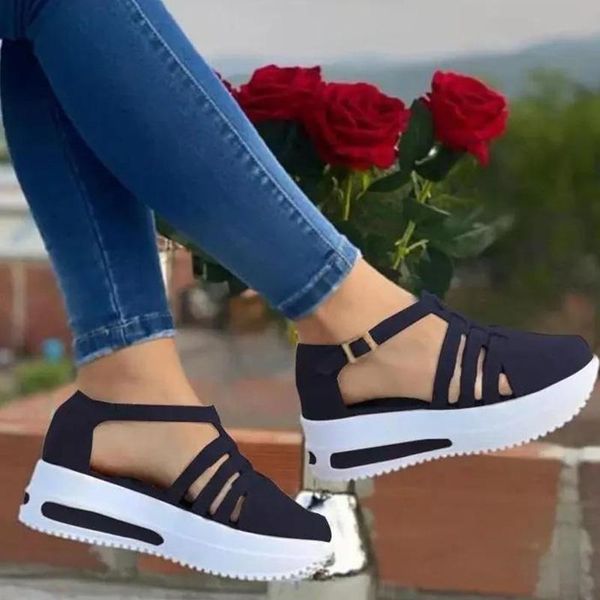 

sandals summer shoes women ladies round toe solid color hollow chunky bottom female flat platform casual for 2021, Black