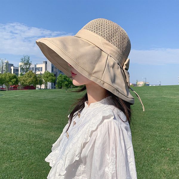 

holiday straw hat women's big brim folding beach small fresh bandage sunscreen mask net red bow, Blue;gray