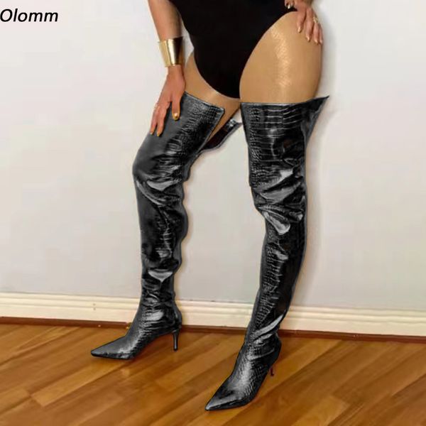 Rontic Handmade женщины бедра высокие сапоги тонкие сапоги на каблуках заостренный носок супер сексуальный золотой черный серебряный ночной клуб обувь нас размером 5-15