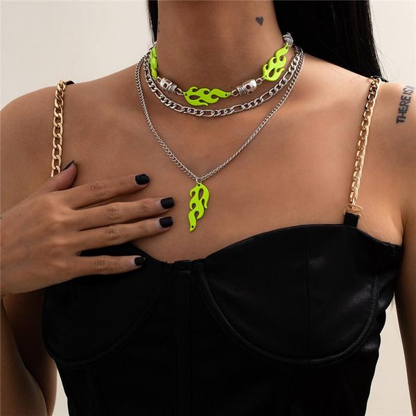 

chains 2021 europe and america exaggerated multi-layer tassel necklace female punk hip hop style green flame skull jewelry, Silver