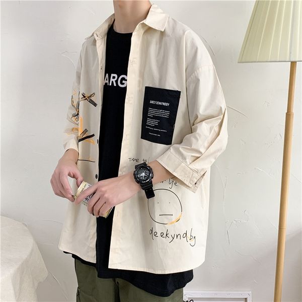 

shirt men's loose fitting 3 / 4 sleeve ins shirt sunscreen casual graffiti print student bf t-shirt, White;black