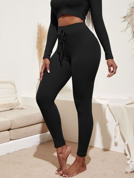 

sxy rib-knit tie front leggings a2pb#, Black