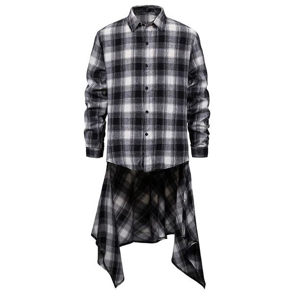 

high street longline plaid shirt men hipster harajuku mens hip hop streetwear casual shirts male camisa social masculina men's, White;black