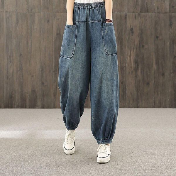 

women's jeans women 2021 streetwear strass harem pants denim female korean fashion loose stitching pocket high waist trouser, Blue