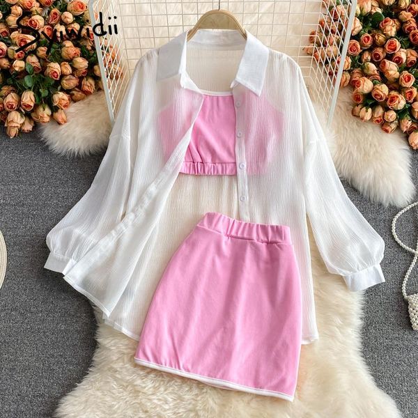 

women's tracksuits syiwidii 3 pieces set women tracksuit outfits button up shirt with camis tank elastic high waist mini skirt 2021 fas, Gray