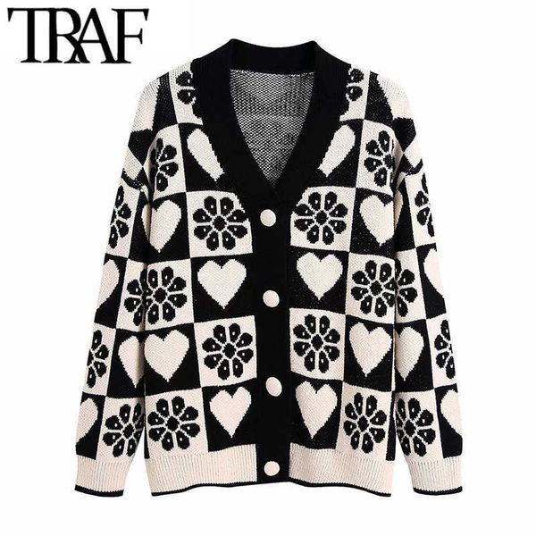 

traf women fashion jacquard loose knit cardigan sweater vintage long sleeve covered buttons female outerwear chic 210922, White;black