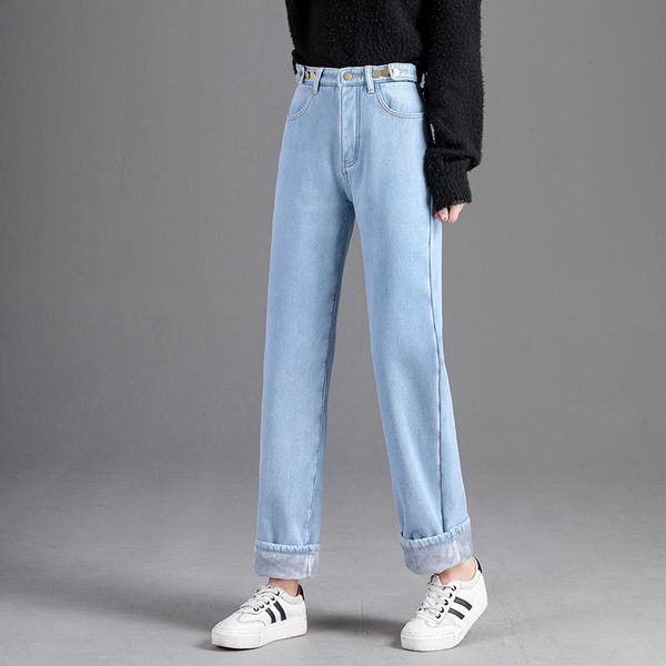 

fleece high waist jeans woman straight black denim velvet pants boyfriend for women mom casual 2021 autumn winter women's, Blue