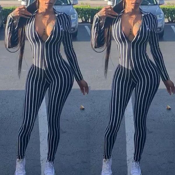 

women's jumpsuits & rompers womens deep v-neck zipper stretch bodycon jumpsuit club bodysuit playsuit, Black;white