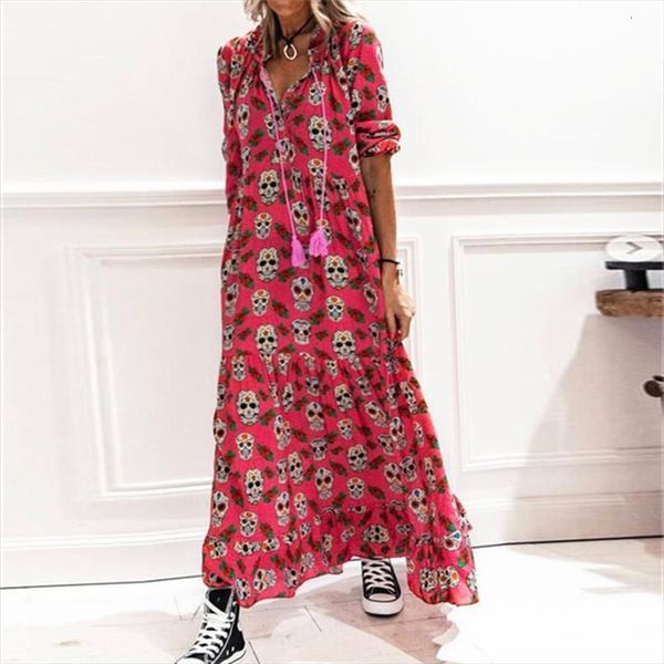 

vintage skull print long womens dresses fashion elegant drawstring v neck party ladies casual sleeve loose, Black;gray