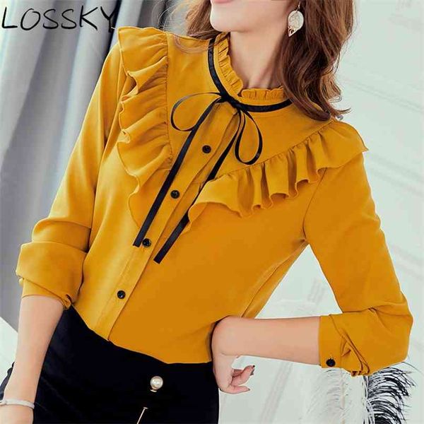 Осенняя весна белая желтая рубашка женщины шифон с длинным рукавом лук оборками корейский уличная одежда стройная элегантная блузка рубашки дамы топ 210507