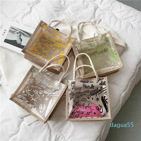 Moda Mulheres Top Handle Handbags Feminino Transparente PVC e Linho Handbags Senhoras Jelly Bag Graffiti Bolsas Mulheres Saco de Verão C0602