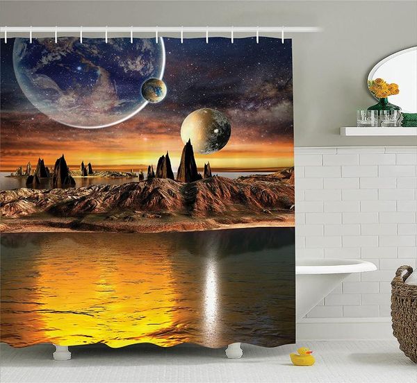 

shower curtains galaxy curtain fantasy decor alien planet with earth moon and mountain sci fi galactic future bathroom