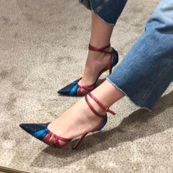 

glitter colorful shoes woman pointed toe high heels ankle strap sandals cut outs thin heel buckle stiletto dress, Black