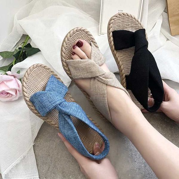

linen straw sandal woven elastic cross straps women sandals 2021 new summer outdoor wear beach sandals flat open toe women shoes y0721, Black