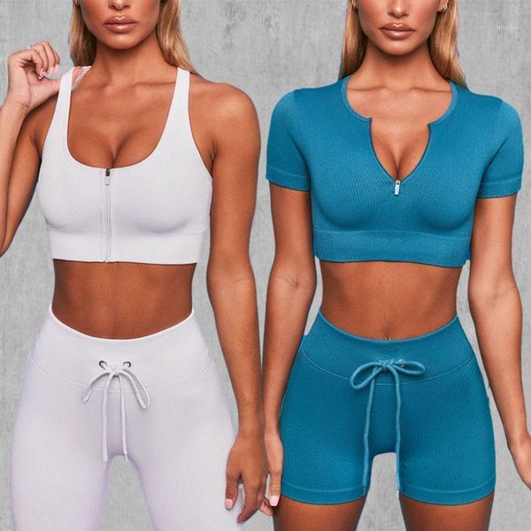 

yoga outfit zipper sports shirt tight padded push up fitness bra breathable soft leggings shorts set women's tracksuit gym clothing