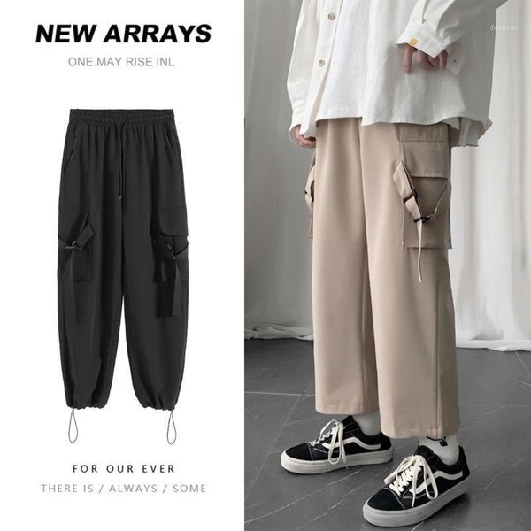 

autumn cargo pants men's fashion multi-pocket drawstring overalls men streetwear hip-hop loose straight trousers mens m-5xl, Black