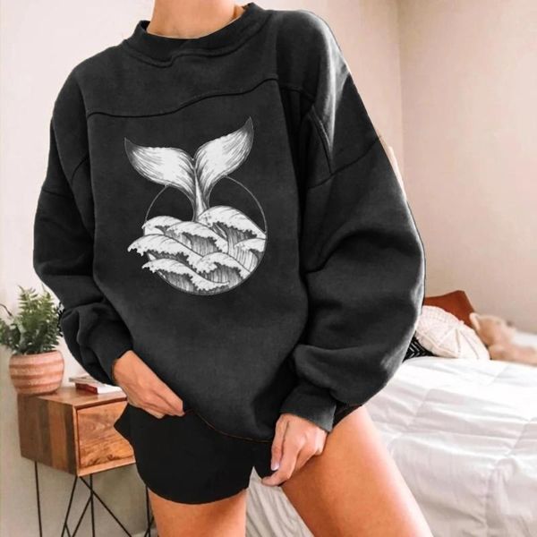 

fish print casual printing sweatshirts women long sleeve autumn winter pullovers pockets street loose plus velvet women's hoodies &, Black