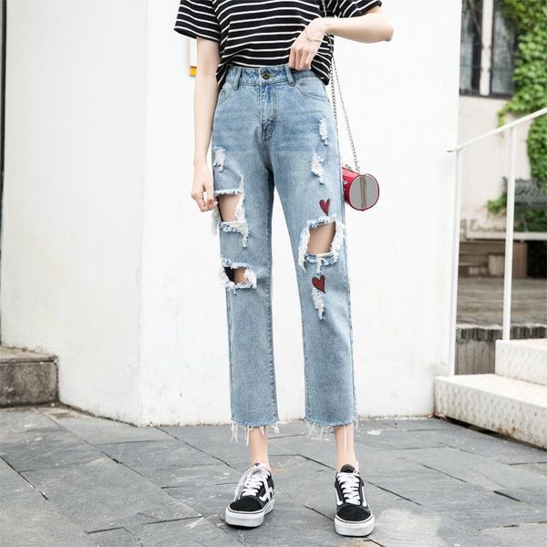 

vintage scratched straight womens jeans washed high waisted korean denim ripped feminino women's, Blue