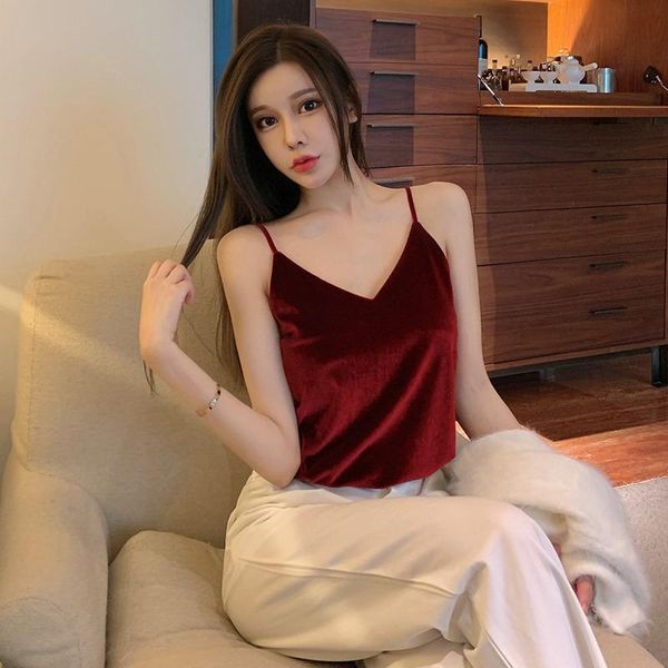 

women's tanks & camis velvet sling, vest, outer wear, loose and thin, with a deep v-neck korean bottoming shirt 2021 sling, White
