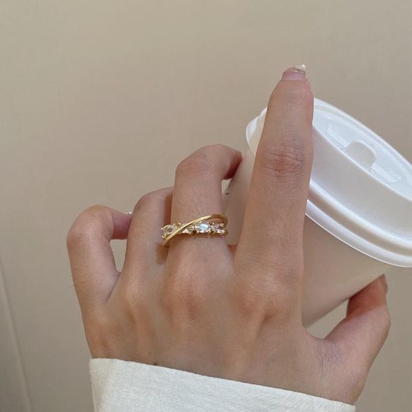 

wedding rings fashion korean light cross zircon open ring luxury micro-inlaid opening adjustable gold jewelry, Slivery;golden