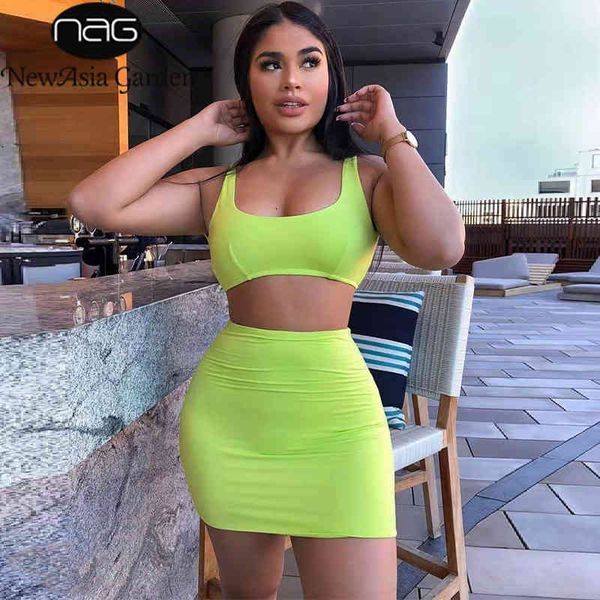 

newasia neon green two piece set backless lace up 2 piece set women bodycon summer mini skirt set two piece outfits 2 layer 210413, White