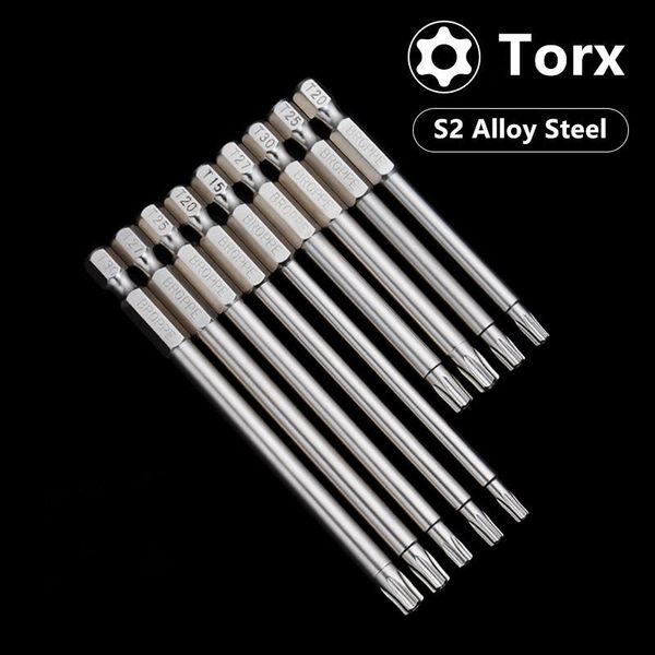 

hand tools broppe 10pcs s2 alloy steel t6-t40 75/100mm magnetic torx screwdriver bits 1/4 inch hex shank